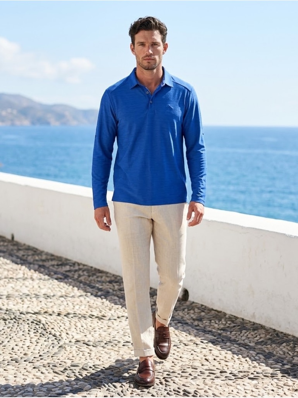 Tommy Bahama IslandZone Mens Blue Long Sleeve Polo Shirt Sz Medium